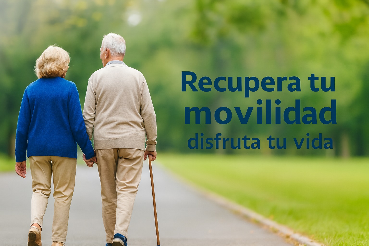 Pareja de adultos mayores caminando; texto: Recupera tu movilidad, disfruta tu vida.
